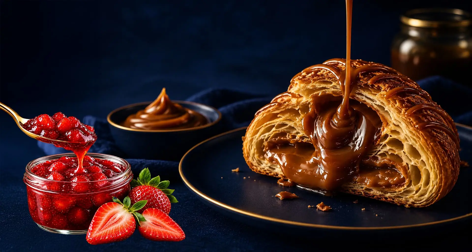 Caramel sauce drizzled over a filled croissant beside strawberry jam