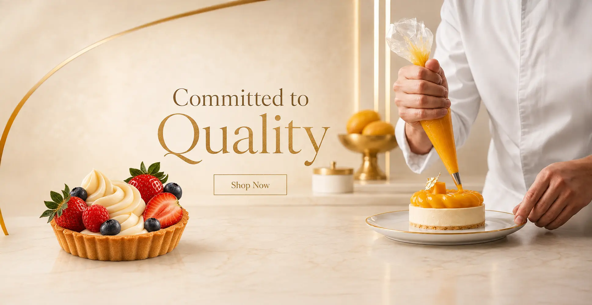Pastry chef finishing a mango cheesecake next to a fresh berry tart